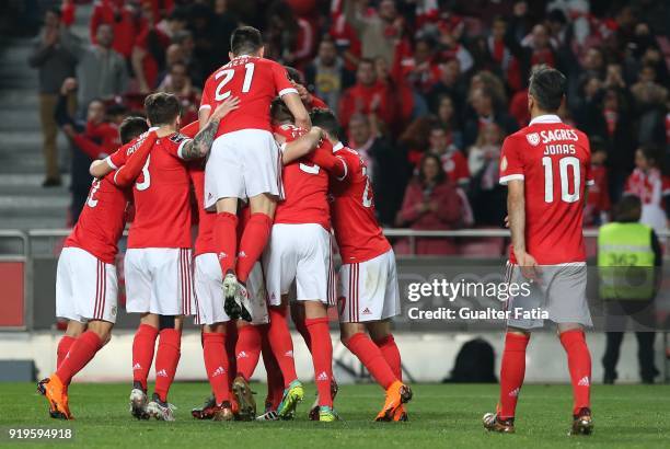 Benfica defender Ruben Dias from Portugal celebrates with teammates after scoring a goal during the Primeira Liga match between SL Benfica and...