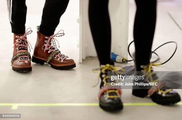 Backstage ahead of the House of Holland show during London Fashion Week February 2018 at TopShop Show Space on February 17, 2018 in London, England.