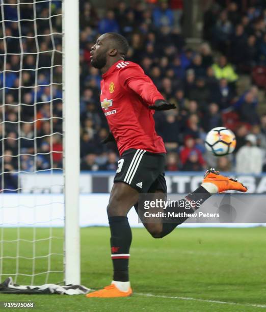 Romelu Lukaku of Manchester United celebrates scoring their second goal during the Emirates FA Cup Fifth Round match between Huddersfield Town and...