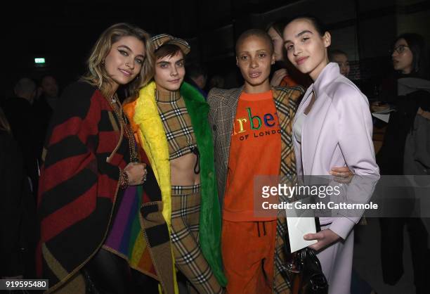 Paris Jackson, Cara Delevingne, Adwoa Aboah and Maxim Magnus wearing Burberry at the Burberry February 2018 show during London Fashion Week at Dimco...