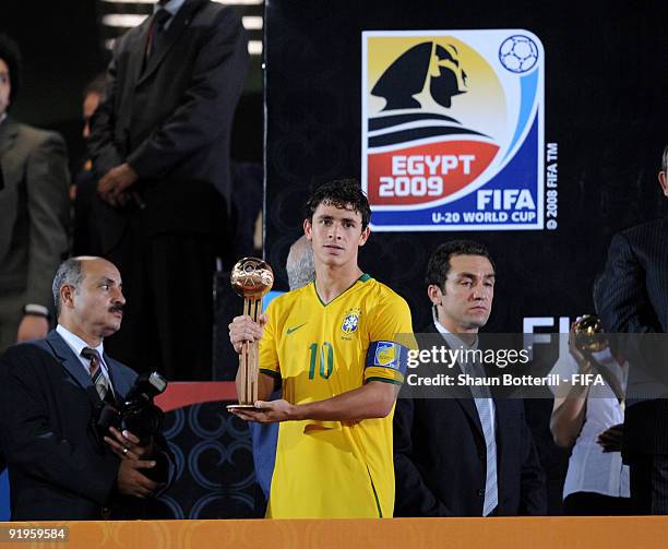 Guiliano of Brazil receives the Adidas Bronze Ball award after the FIFA U20 World Final match between Ghana and Brazil at the Cairo International...