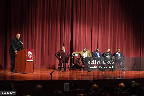 Oz Scott, Robert F. Smith, William M. Lewis Jr., Cedric L. Richmond, Dr. William T. McDaniel Jr., and Dr. Emmett D. Carson onstage at 2018...