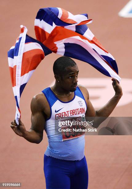 Chijindu Ujah of Great Britain wins the men's 60m final during the SPAR British Athletics Indoor Championships at Arena Birmingham on February 17,...