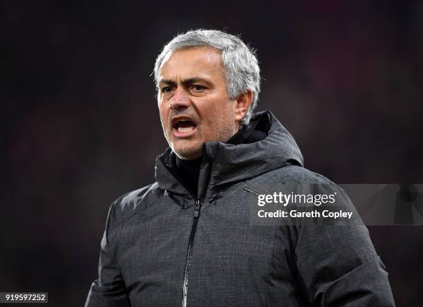 Jose Mourinho, Manager of Manchester United gives his team instructions during the The Emirates FA Cup Fifth Round between Huddersfield Town v...