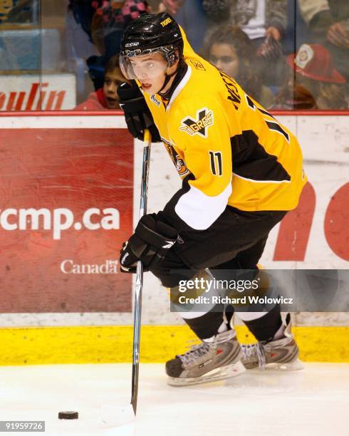 Andrej Nestrasil of the Victoriaville Tigres skates with the puck during the game against the Drummondville Voltigeurs at the Marcel Dionne Centre on...