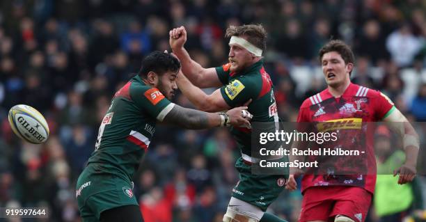 Leicester Tigers' Manu Tuilagi during the Aviva Premiership match between Leicester Tigers and Harlequins at Welford Road on February 17, 2018 in...