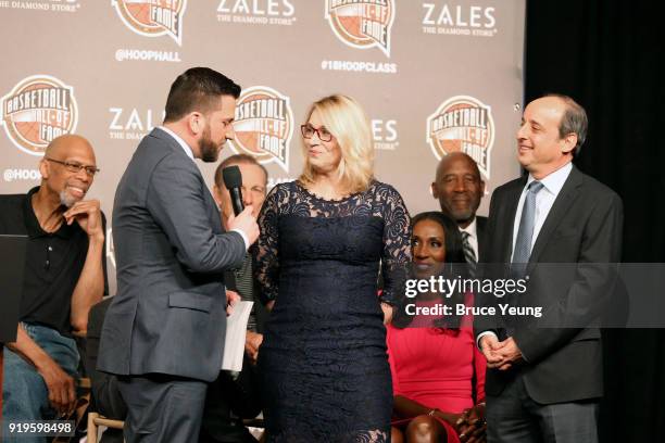 Jared Greenberg announces the Gowdy award winners Doris Burke and Andy Bernstein during the 2018 Naismith Memorial Basketball Hall of Fame...