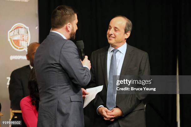 Jared Greenberg announces the Gowdy award winners Andy Bernstein during the 2018 Naismith Memorial Basketball Hall of Fame announcement at STAPLES...