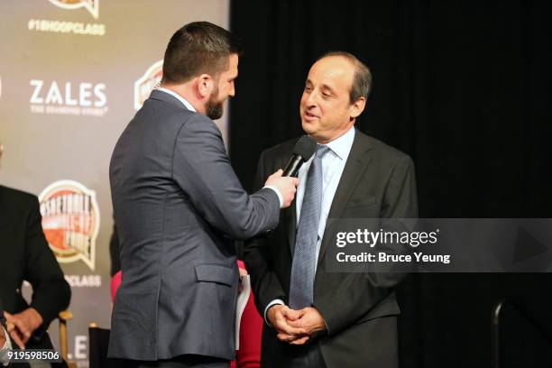 Jared Greenberg announces the Gowdy award winners Andy Bernstein during the 2018 Naismith Memorial Basketball Hall of Fame announcement at STAPLES...