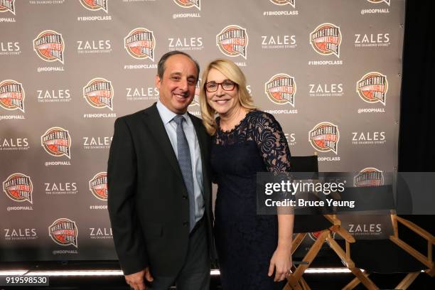 Gowdy award winners Doris Burke and Andy Bernstein pose for portrait during the 2018 Naismith Memorial Basketball Hall of Fame announcement at...