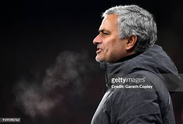Jose Mourinho, Manager of Manchester United looks on during the The Emirates FA Cup Fifth Round between Huddersfield Town v Manchester United on...