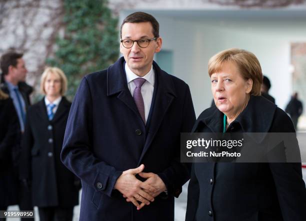 German Chancellor Angela Merkel welcomes Polish Prime Minister Mateusz Morawiecki with military honours in front of the Federal Chancellery in...