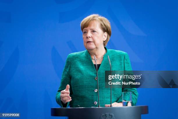 German Chancellor Angela Merkel during a news conference with Polish Prime Minister Mateusz Morawiecki following their meeting in Federal Chancellery...