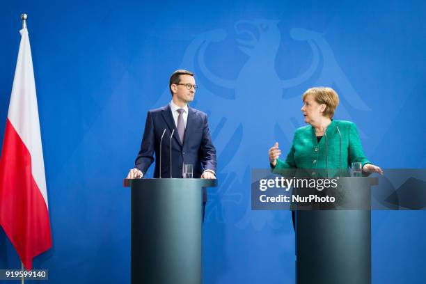 German Chancellor Angela Merkel and Polish Prime Minister Mateusz Morawiecki during a joint news conference following their meeting in Federal...