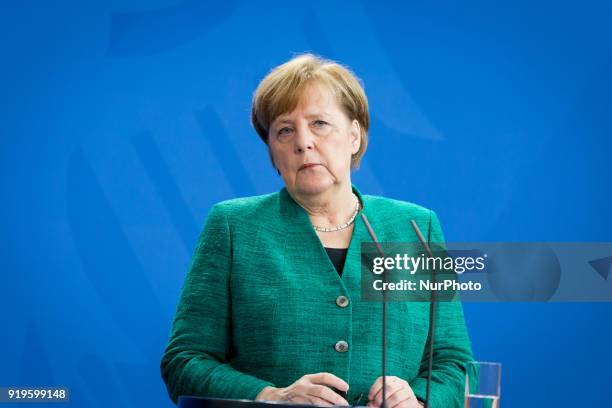 German Chancellor Angela Merkel during a news conference with Polish Prime Minister Mateusz Morawiecki following their meeting in Federal Chancellery...