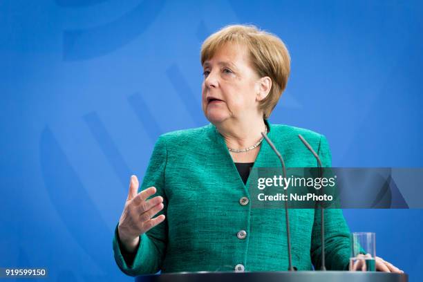 German Chancellor Angela Merkel during a news conference with Polish Prime Minister Mateusz Morawiecki following their meeting in Federal Chancellery...