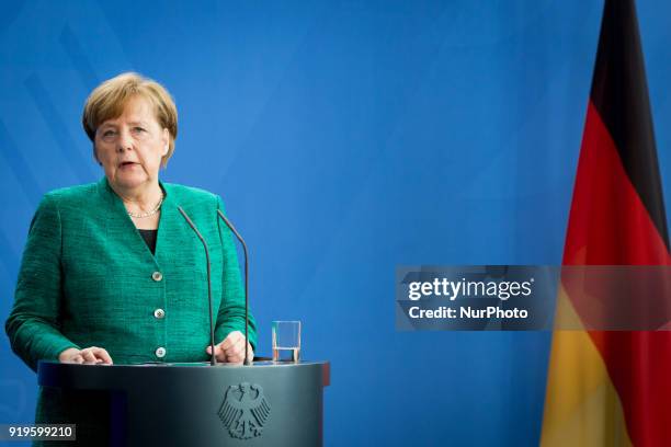 German Chancellor Angela Merkel during a news conference with Polish Prime Minister Mateusz Morawiecki following their meeting in Federal Chancellery...