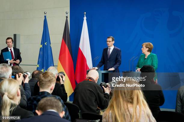 German Chancellor Angela Merkel and Polish Prime Minister Mateusz Morawiecki during a joint news conference following their meeting in Federal...