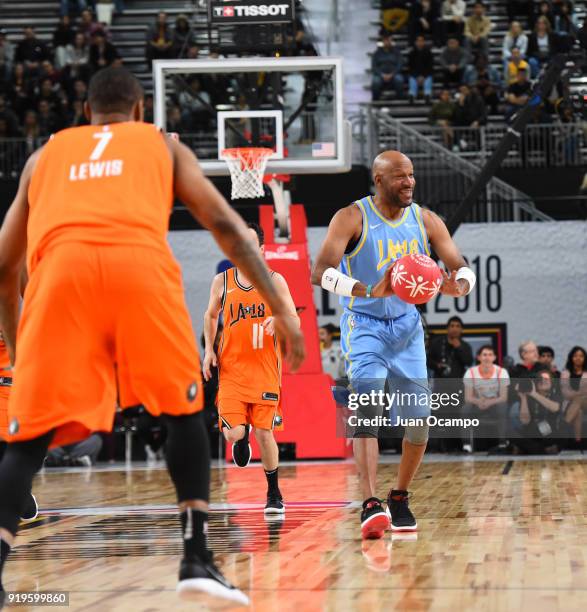 Former NBA player Ron Harper passes during the 2018 NBA Cares Unified Basketball Game as part of 2018 NBA All-Star Weekend on February 17, 2018 at...