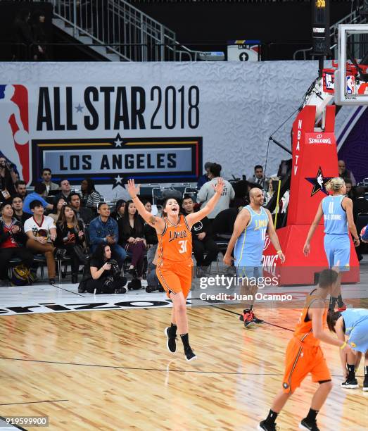 Stefanie Dolson of the Chicago Sky reacts during the 2018 NBA Cares Unified Basketball Game as part of 2018 NBA All-Star Weekend on February 17, 2018...