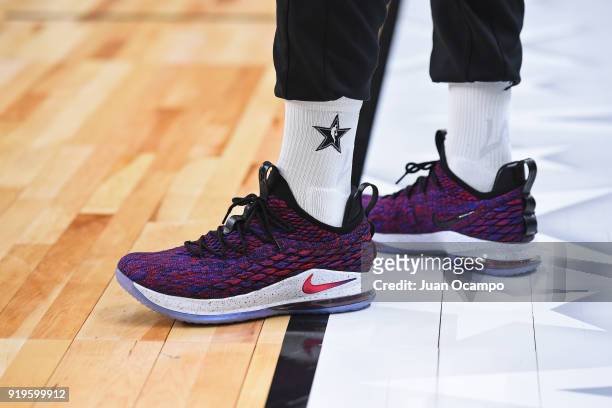 The sneakers of LeBron James of Team LeBron during NBA All-Star Media Day & Practice as part of 2018 NBA All-Star Weekend at the Los Angeles...