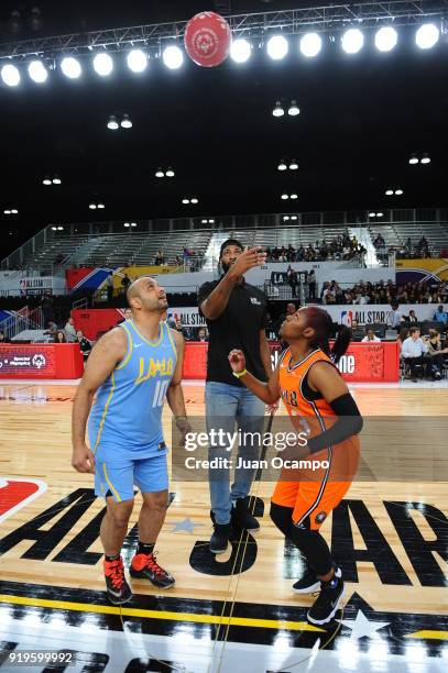 Andre Drummond of the Detroit Pistons assists with the jump ball during the 2018 NBA Cares Unified Basketball Game as part of 2018 NBA All-Star...