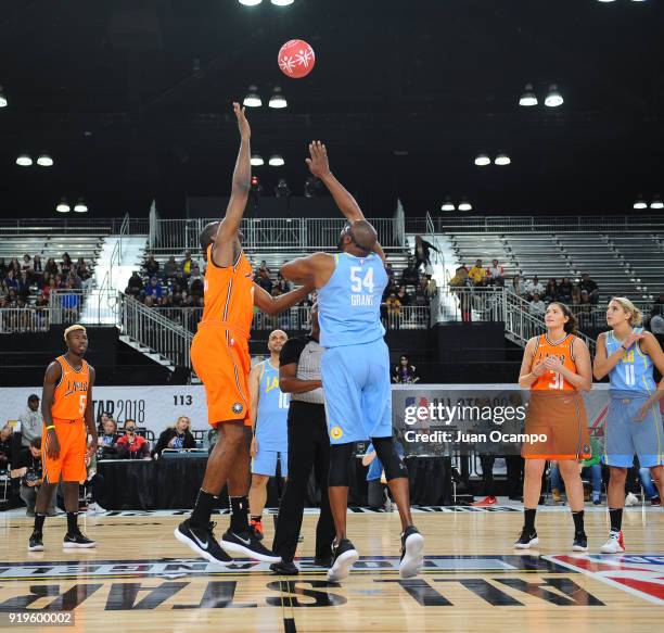 Former NBA players Horace Grant and Dikembe Mutombo battle for the jump ball during the 2018 NBA Cares Unified Basketball Game as part of 2018 NBA...