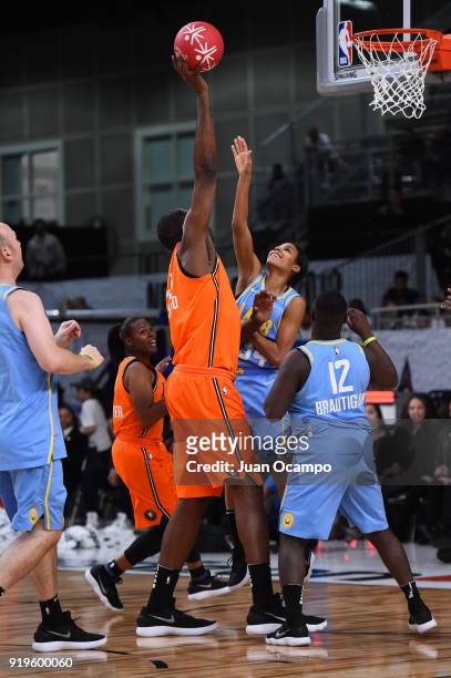 Former NBA player Dikembe Mutombo shoots during the 2018 NBA Cares Unified Basketball Game as part of 2018 NBA All-Star Weekend on February 17, 2018...