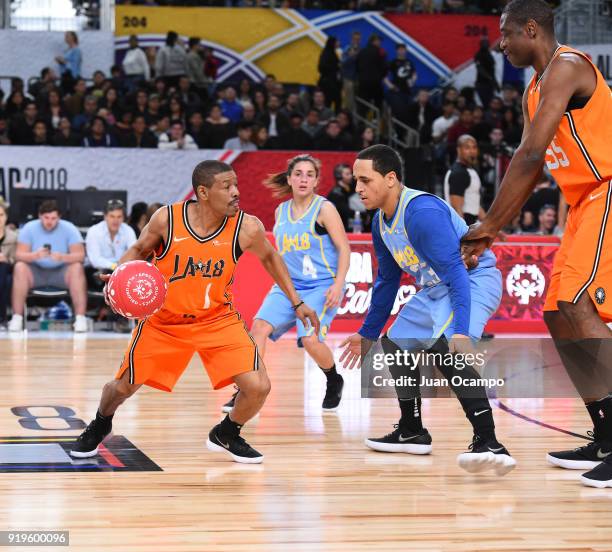 Former NBA player Muggsy Bogues dribbles during the 2018 NBA Cares Unified Basketball Game as part of 2018 NBA All-Star Weekend on February 17, 2018...