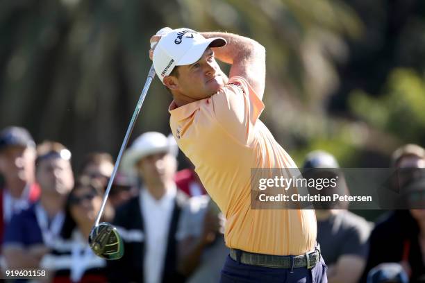 Sam Saunders plays his shot from the second tee during the third round of the Genesis Open at Riviera Country Club on February 17, 2018 in Pacific...