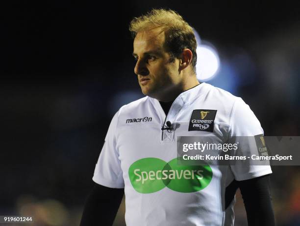 Referee Stuart Berry during the Guinness Pro14 Round 15 match between Cardiff Blues and Munster Rugby at Cardiff Arms Park on February 17, 2018 in...