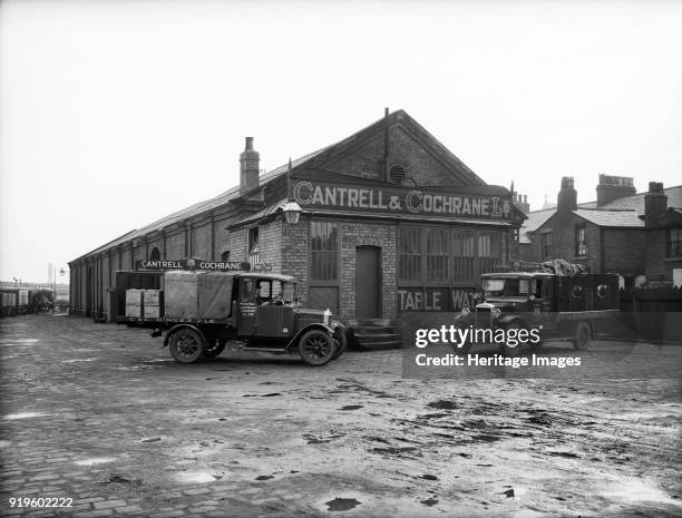 Goods Shed, West Lancashire Station, Fishergate Hill, Preston, Lancashire, 1927. Two vans parked outside the Cantrell and Cochrane depot....