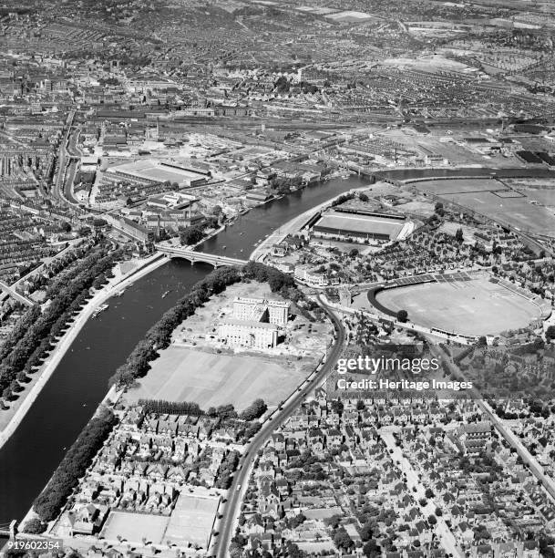 Nottingham, Nottinghamshire, 1949. Cellulose nitrate negative. Aerofilms' view of Nottingham records the construction of the new, H-shaped County...