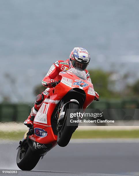 Casey Stoner of Australia rides the Ducati Marlboro Team Ducati during free practice for the Australian MotoGP which is round 15 of the Moto GP World...