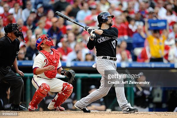 Todd Helton of the Colorado Rockies bats against the Philadelphia Phillies in Game One of the NLDS during the 2009 MLB Playoffs at Citizens Bank Park...