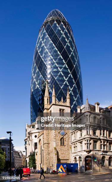 Church of St Andrew Undershaft and the Gherkin, City of London, 2012. The 1894 London Building Act restricted the height of buildings until these...