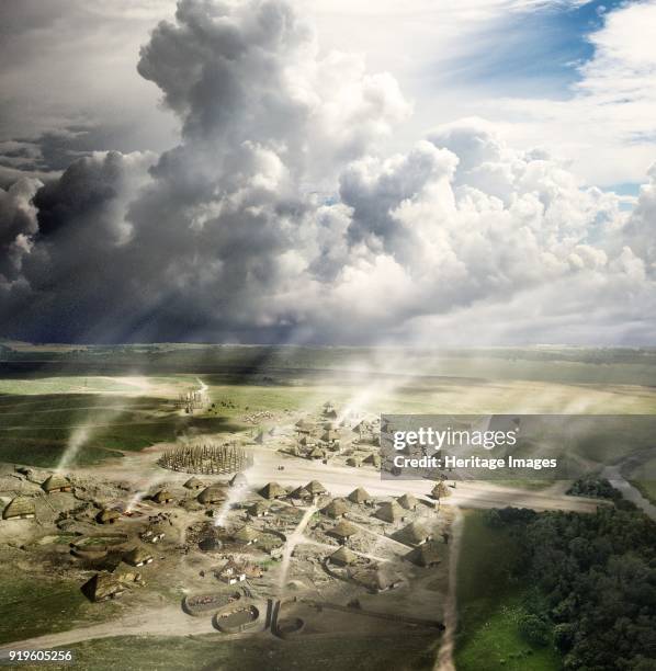 Durrington Walls, Wiltshire, circa 2500 BC . Reconstruction showing the settlement, near Stonehenge, looking north, in summer. The image shows the...
