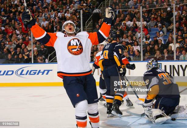Matt Moulson of the New York Islanders celebrates a second period goal against Ryan Miller of the Buffalo Sabres on October 16, 2009 at HSBC Arena in...