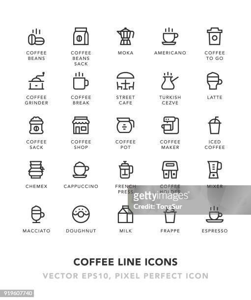stockillustraties, clipart, cartoons en iconen met koffie lijn pictogrammen - coffee plunger
