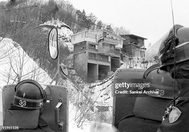 Asama Sanso lodge, where five members of Coalition Red Army barricaded with a hostage, is seen in February 1972 in Karuizawa, Nagano, Japan. Police...