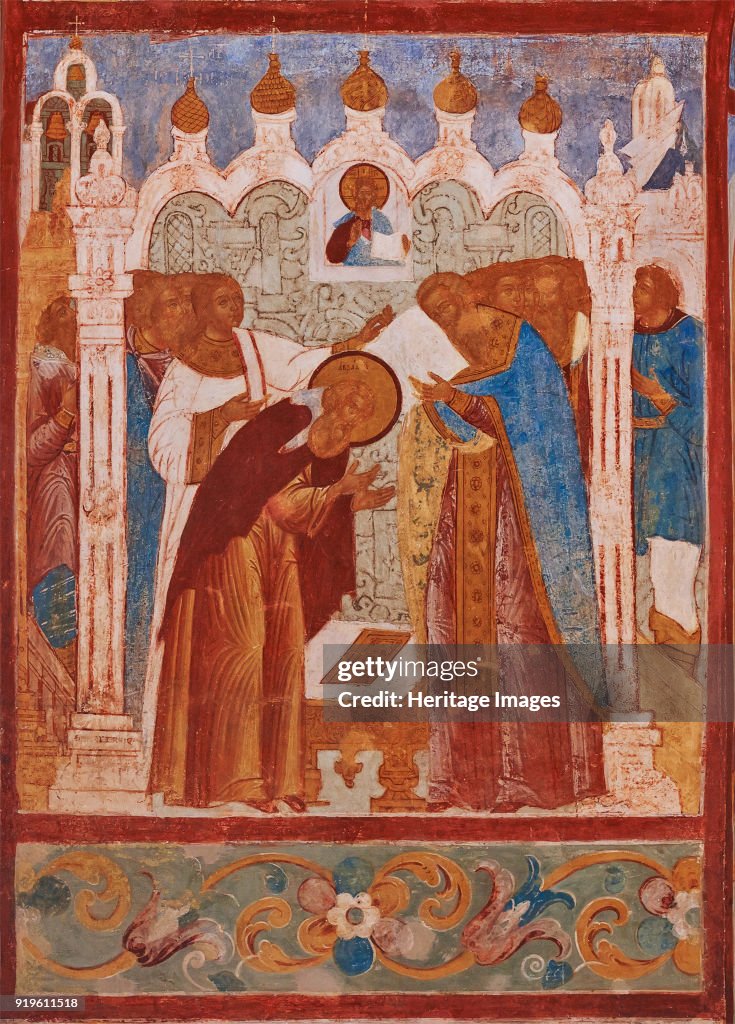 Monastic Consecration Of Saint Abraham Of Rostov. Fresco Of The Church Of Saint John The Apostle In