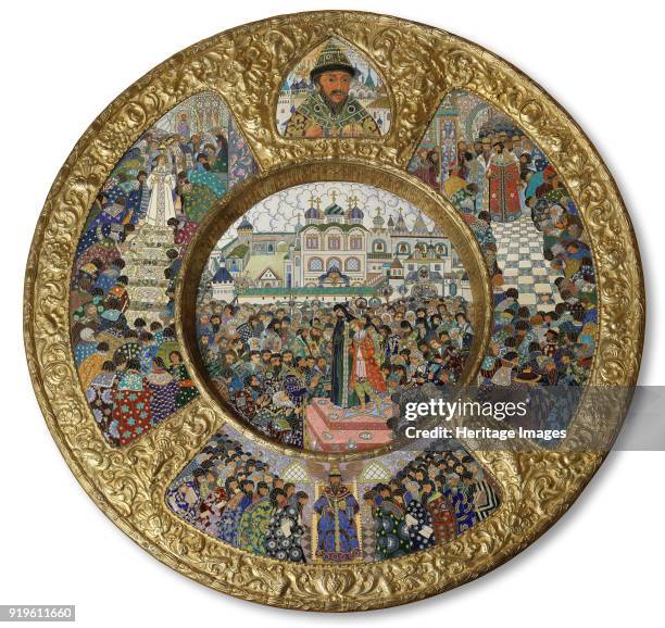 Dish with scenes the Election of Michail Romanov to the Tsar on 14 March 1613, 1913. Found in the Collection of State Museum of Religious History, St...