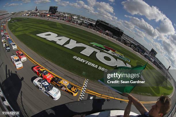 Daniel Hemric, driver of the South Point Hotel & Casino Chevrolet, takes the green flag to start the NASCAR Xfinity Series PowerShares QQQ 300 at...