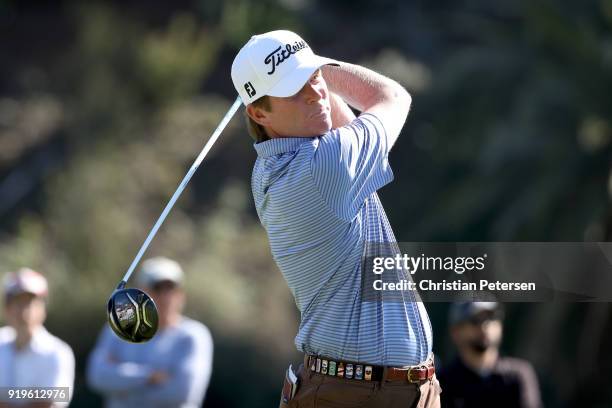 Derek Fathauer plays his shot from the second tee during the third round of the Genesis Open at Riviera Country Club on February 17, 2018 in Pacific...