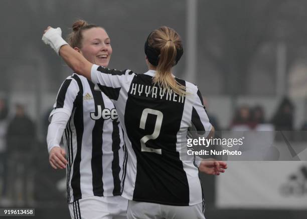 Tuija Hyrynen and Sanni Franssi during Serie A female match between Juventus Woman v Empoli Ladies in Vinovo- Turin, on February 17, 2018 .