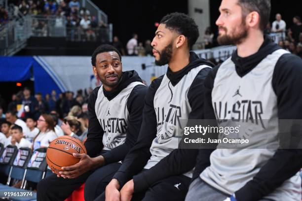 John Wall, Anthony Davis and Kevin Love of Team LeBron talk during NBA All-Star Media Day & Practice as part of 2018 NBA All-Star Weekend at the Los...