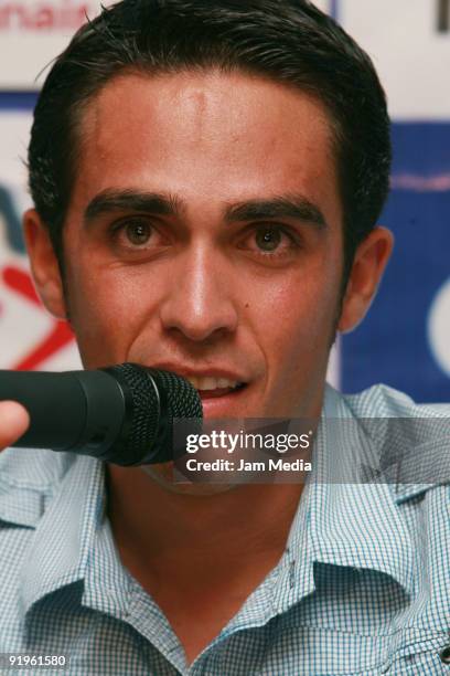 Spanish cyclist Alberto Contador speaks during a press conference before the Cycle Route Criterium Cancun Vive Mexico at Carlos 'n Charlie's...