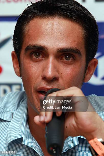 Spanish cyclist Alberto Contador speaks during a press conference before the Cycle Route Criterium Cancun Vive Mexico at Carlos 'n Charlie's...