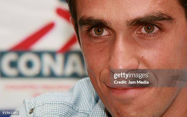 Spanish cyclist Alberto Contador attends a press conference before the Cycle Route Criterium Cancun Vive Mexico at Carlos 'n Charlie's Restaurant on...