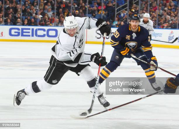Torrey Mitchell of the Los Angeles Kings fires the puck during the second period of an NHL game against the Buffalo Sabres on February 17, 2018 at...